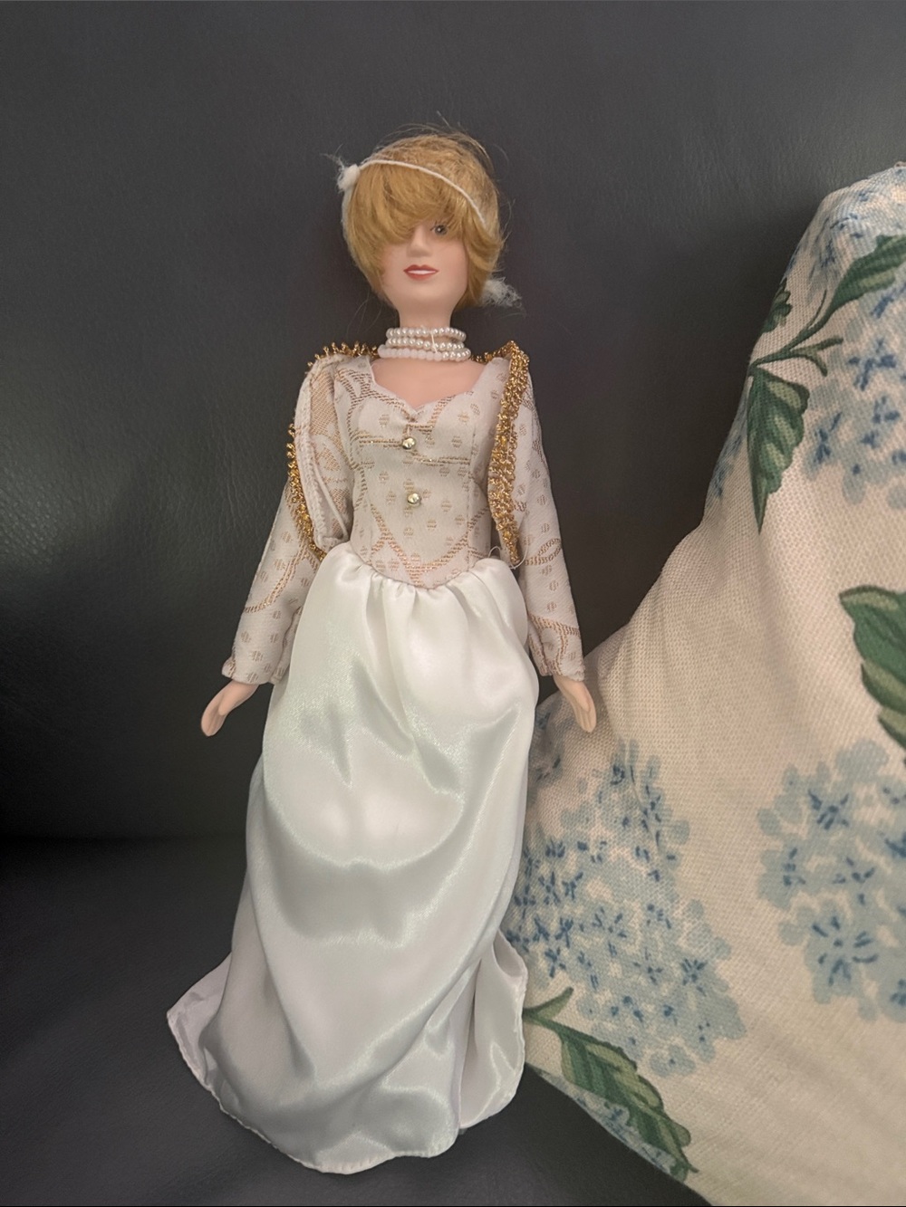 Classic White Satin Princess Dianna Doll with Gold-Trim Bodice